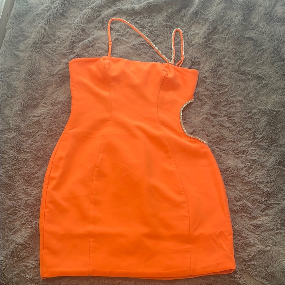 Oh Polly Orange Strapless Dress with Rhinestone Detail